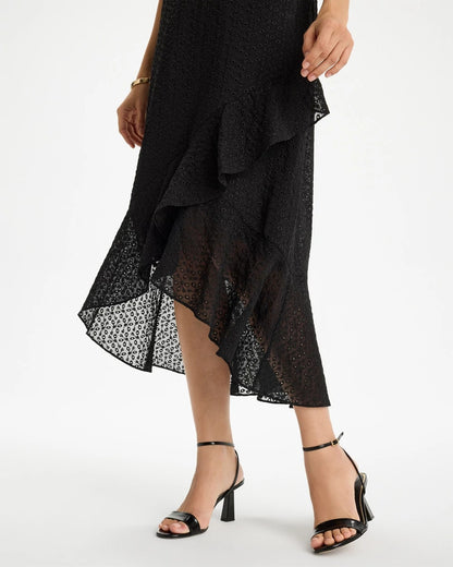 Chico's Floral Surplice Ruffled Dress Black