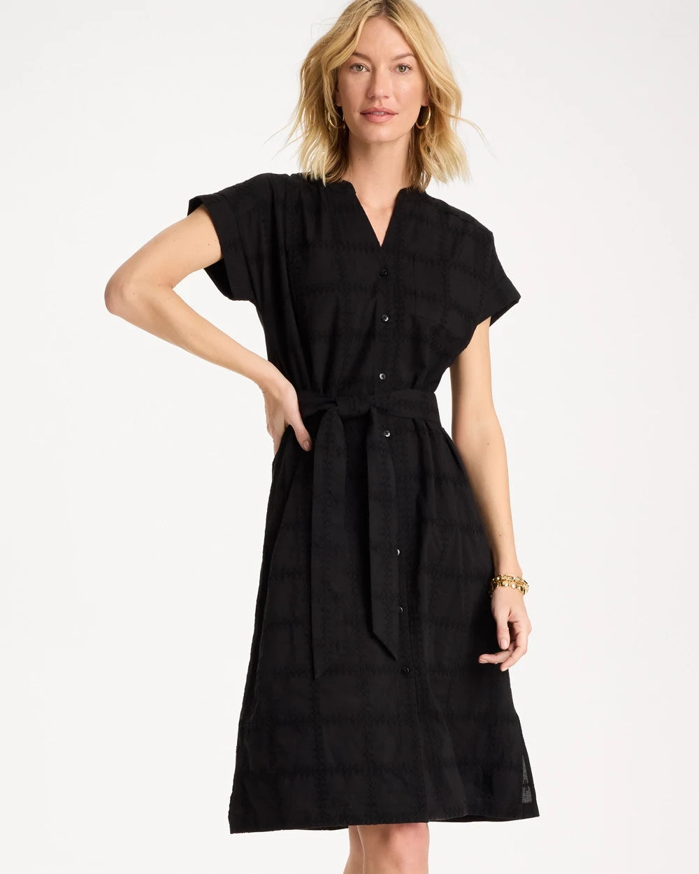 Chico's Embroidered Cotton Shirtdress Black