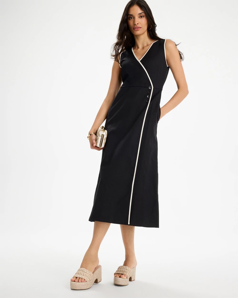 Chico's Sleeveless Surplice Linen Dress Black