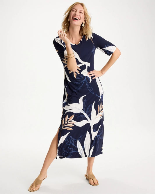 Chico's Printed Jersey Knit Column Dress Passport Blue