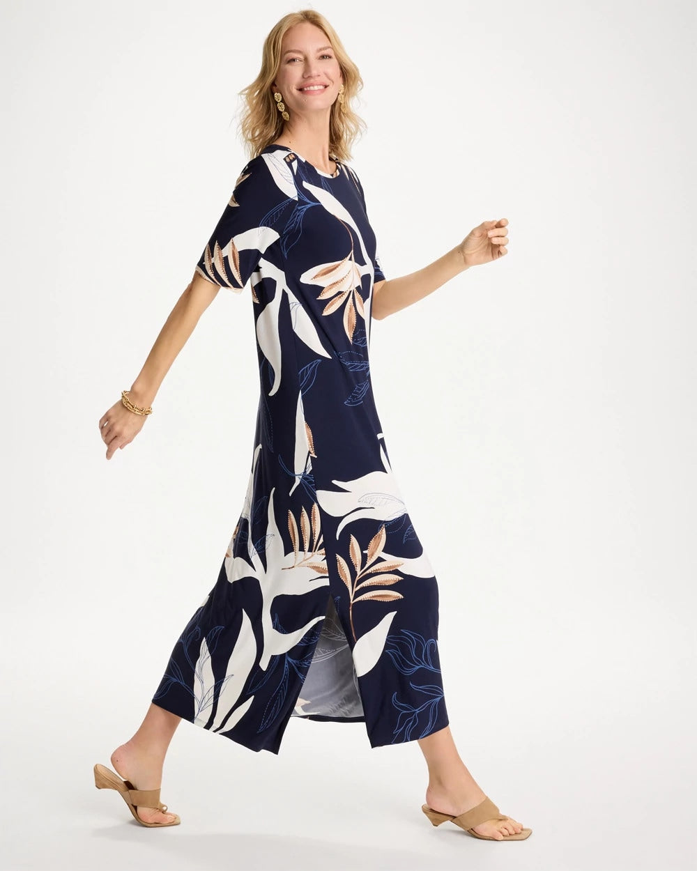 Chico's Printed Jersey Knit Column Dress Passport Blue