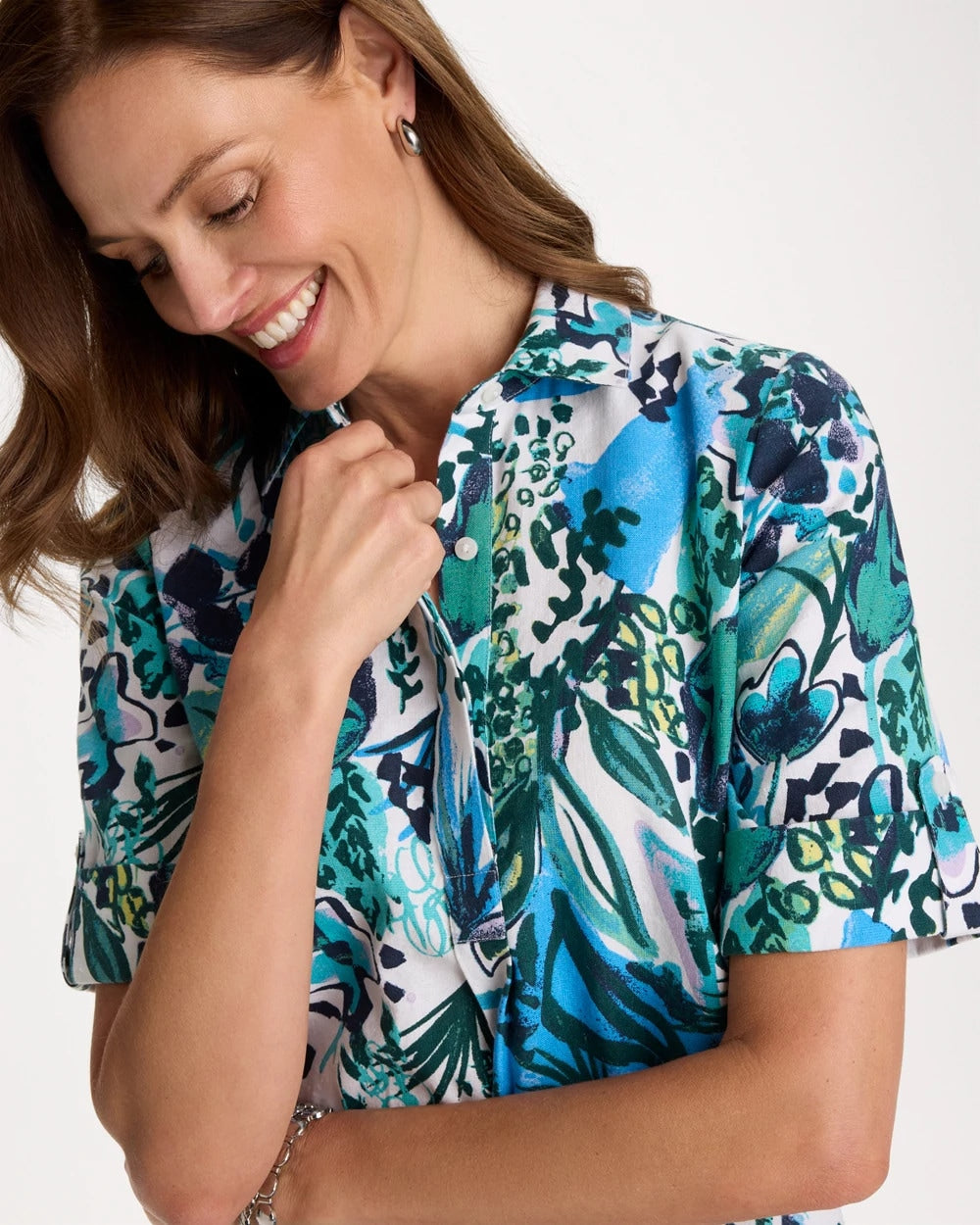 Chico's Floral Linen-Cotton Popover Dress Alabaster