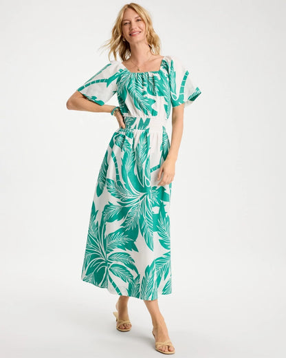 Chico's Poplin Cotton Off-Shoulder Printed Dress Topanga Green