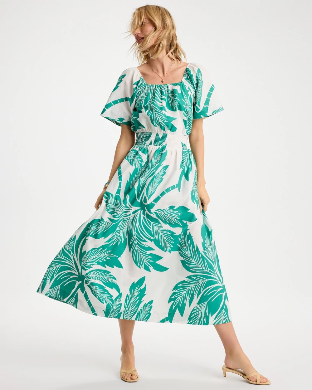 Chico's Poplin Cotton Off-Shoulder Printed Dress Topanga Green