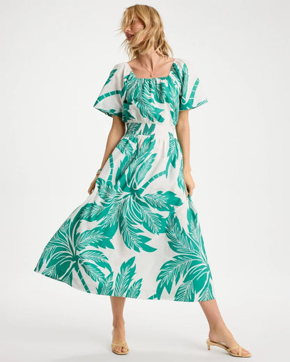 Chico's Poplin Cotton Off-Shoulder Printed Dress Topanga Green