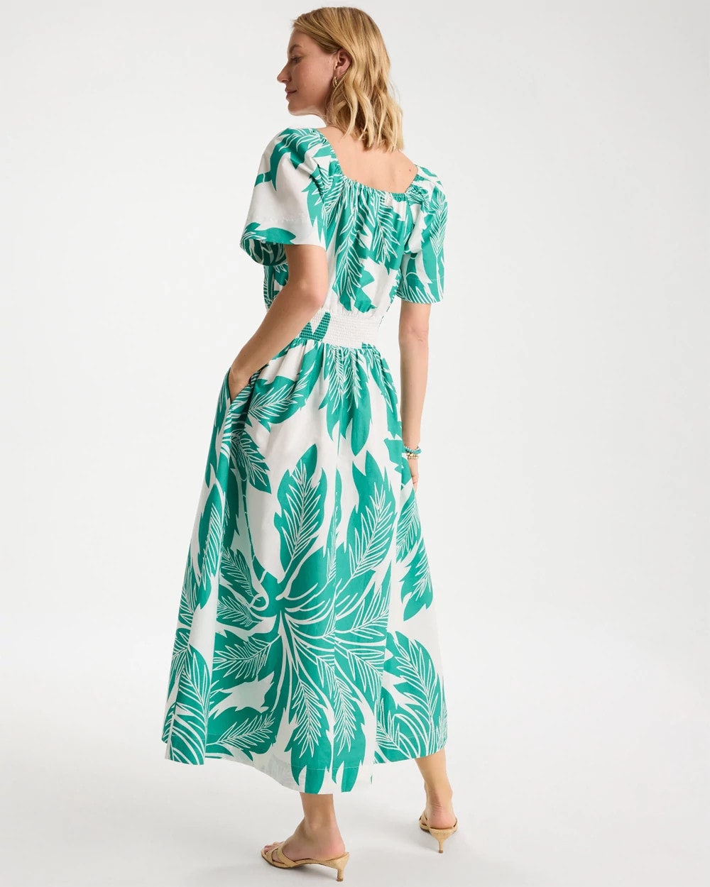 Chico's Poplin Cotton Off-Shoulder Printed Dress Topanga Green