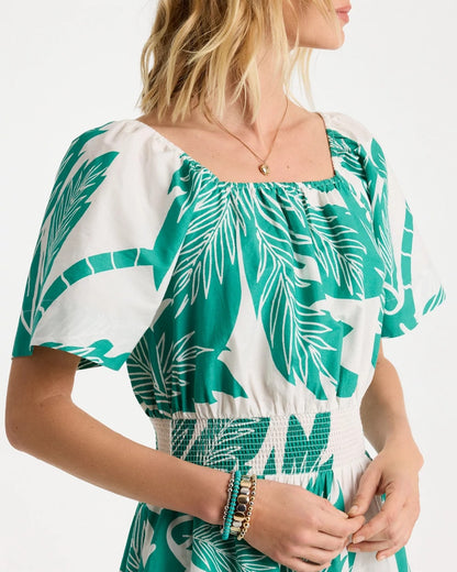 Chico's Poplin Cotton Off-Shoulder Printed Dress Topanga Green