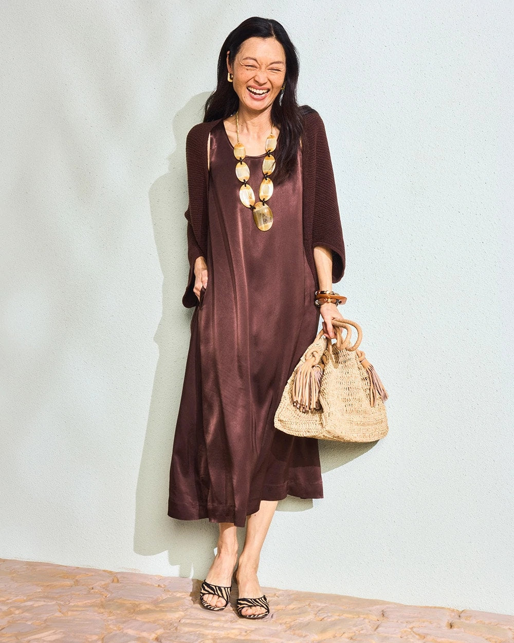 Chico's Faux Satin Sleeveless Dress Deep Brown
