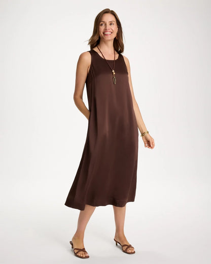 Chico's Faux Satin Sleeveless Dress Deep Brown