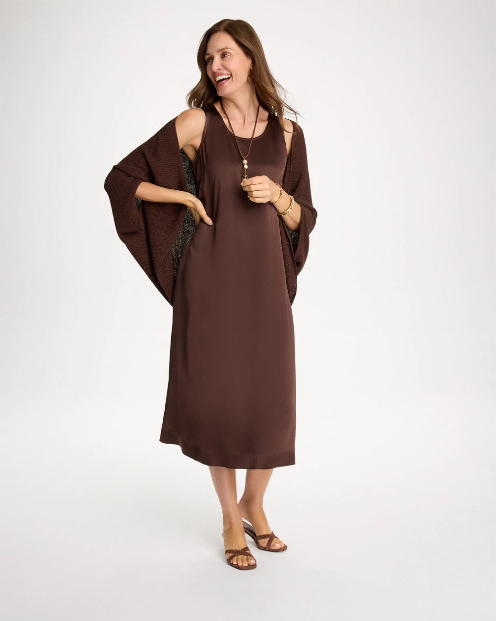 Chico's Faux Satin Sleeveless Dress Deep Brown