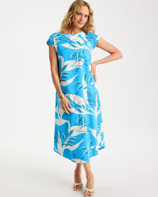 Chico's Printed Soft-Stretch Cotton Slub Dress Blue Tide
