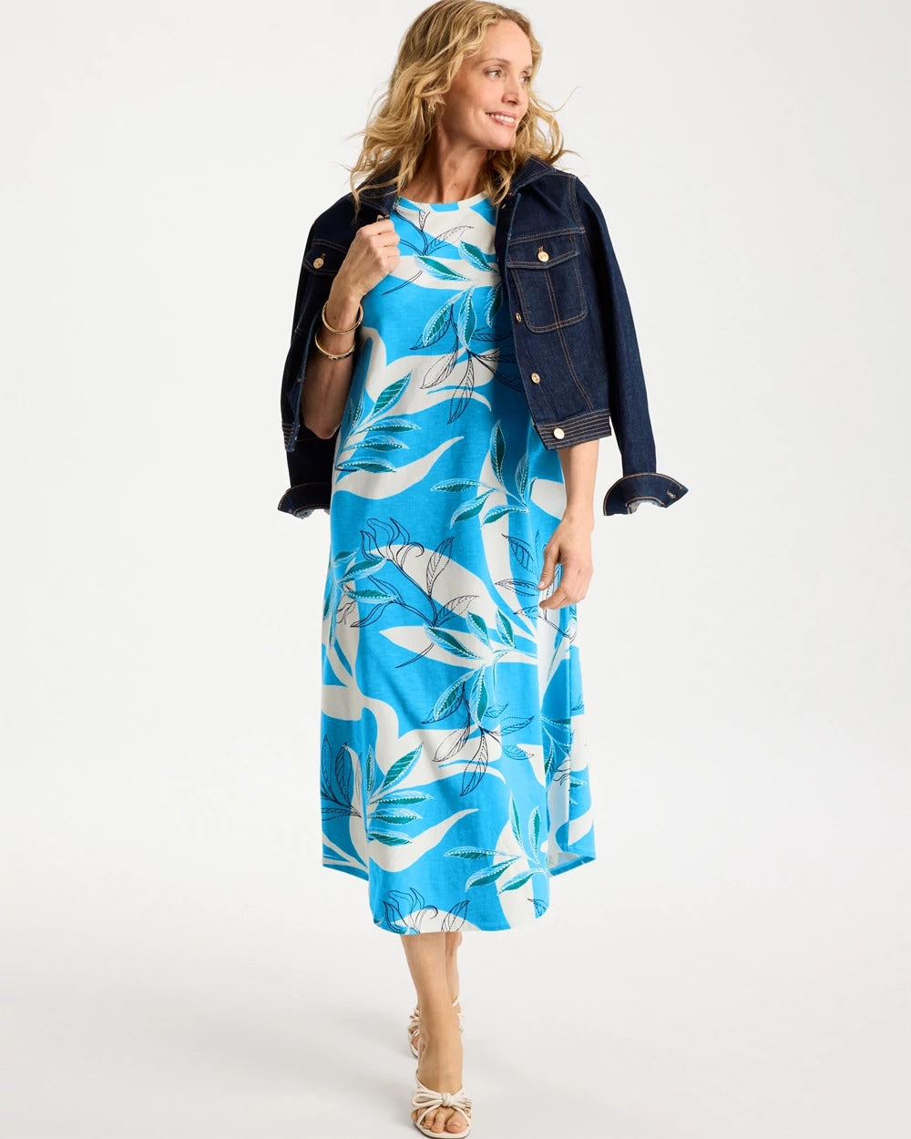 Chico's Printed Soft-Stretch Cotton Slub Dress Blue Tide