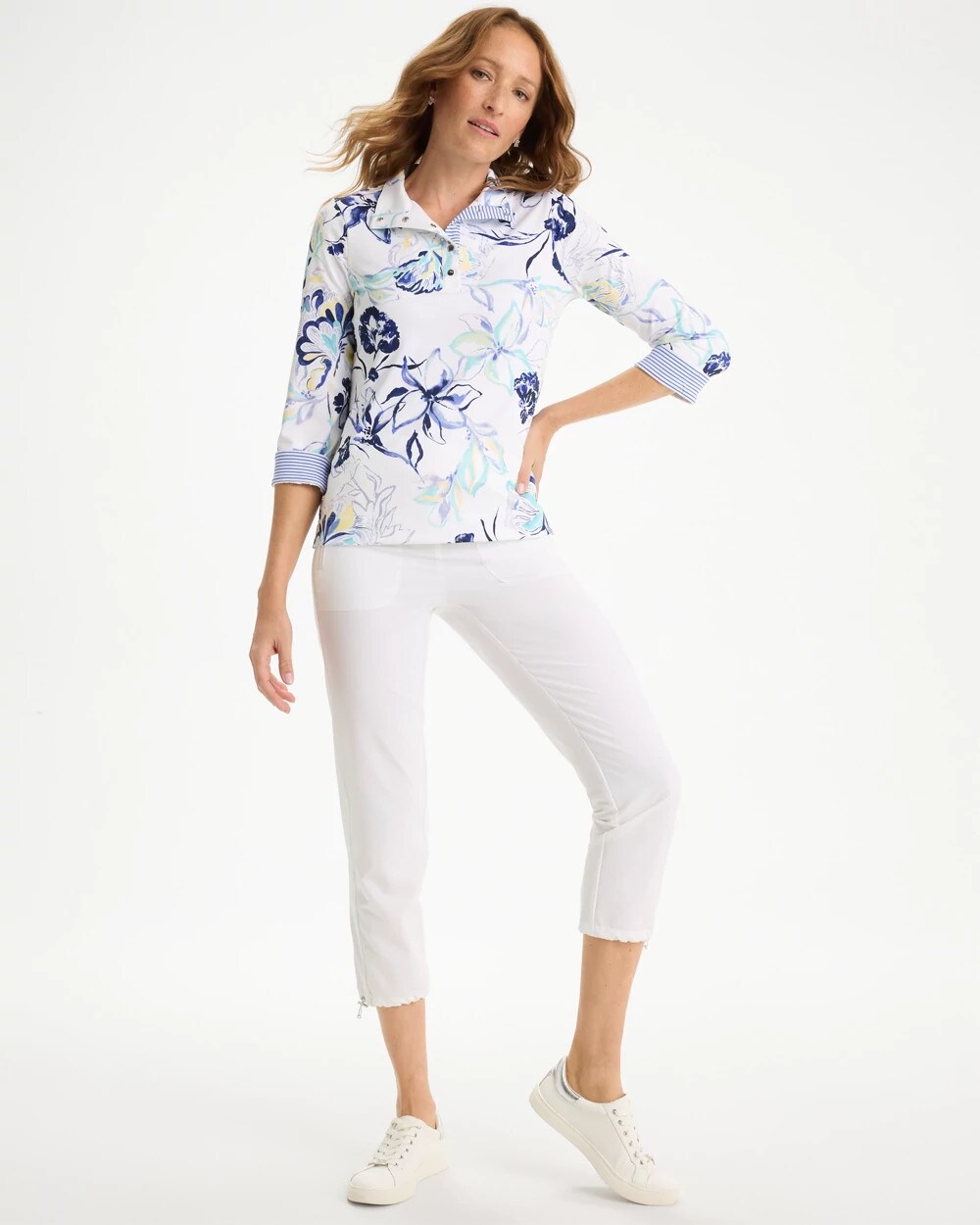 Chico's Zenergy® UPF Floral Snap Mockneck Amparo Blue