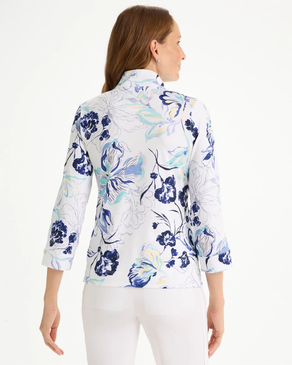 Chico's Zenergy® UPF Floral Snap Mockneck Amparo Blue