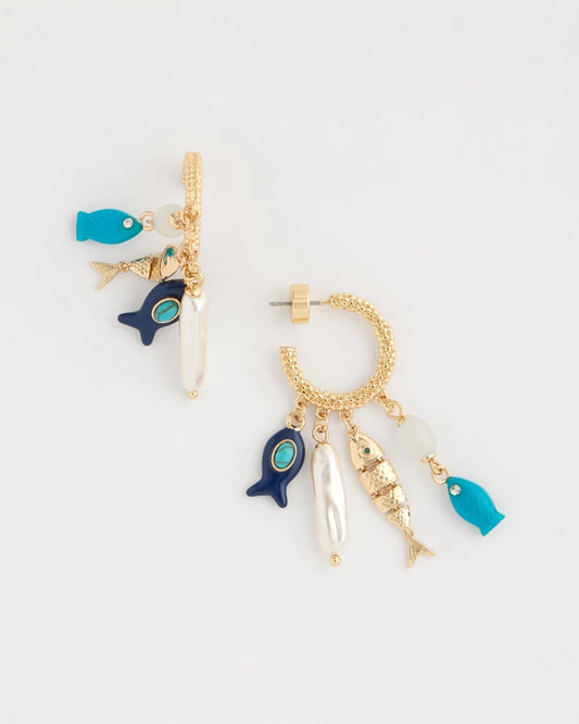 Chico's Fish Charm Crinkle Hoop Earrings Blue Multi