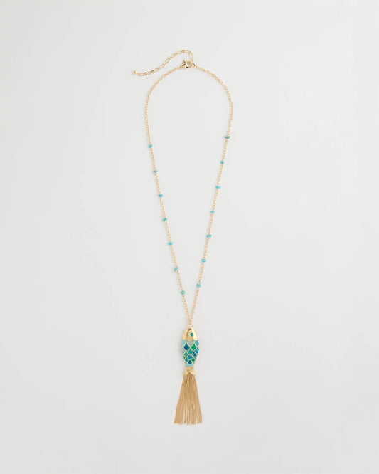 Chico's Tassel Fish Pendant Necklace Blue Multi