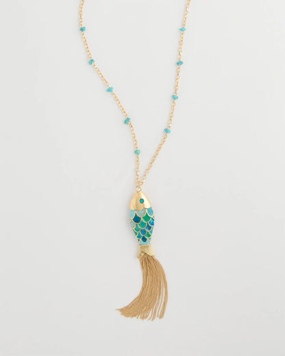Chico's Tassel Fish Pendant Necklace Blue Multi