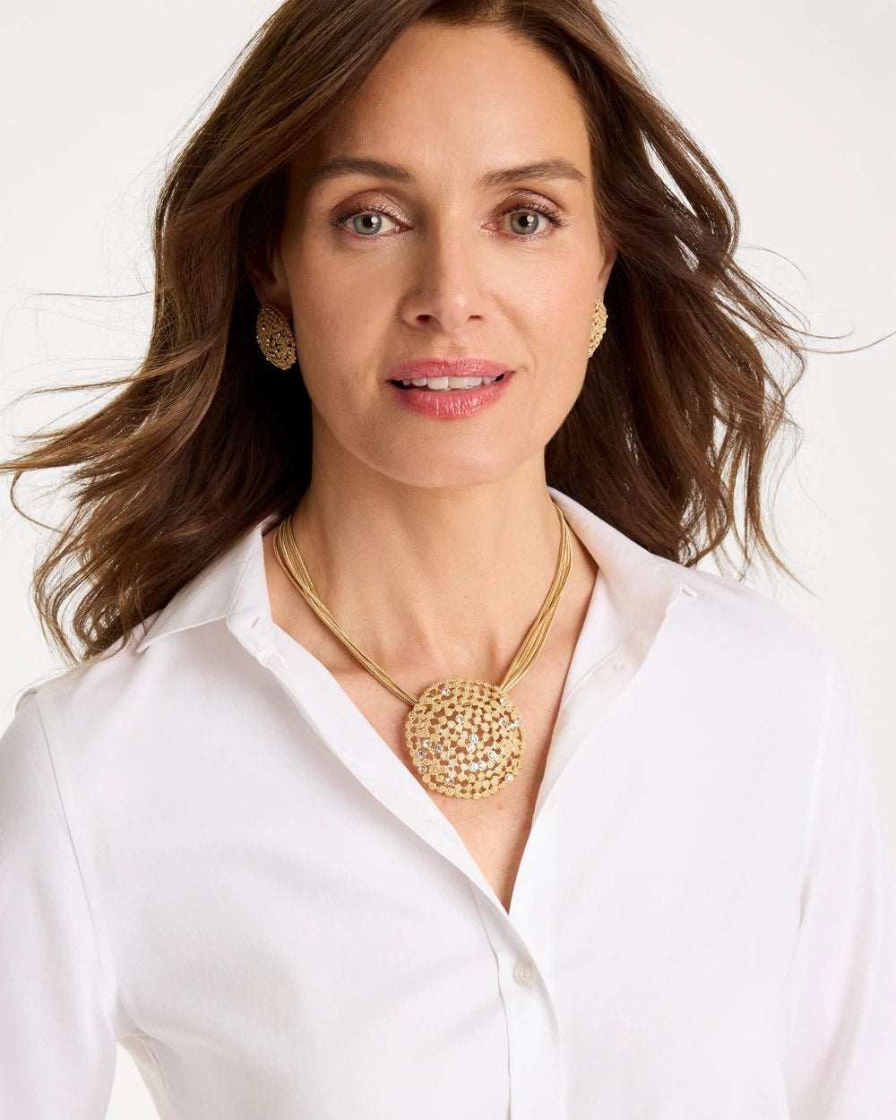 Chico's Sea Foam Medallion Pendant Necklace Gold