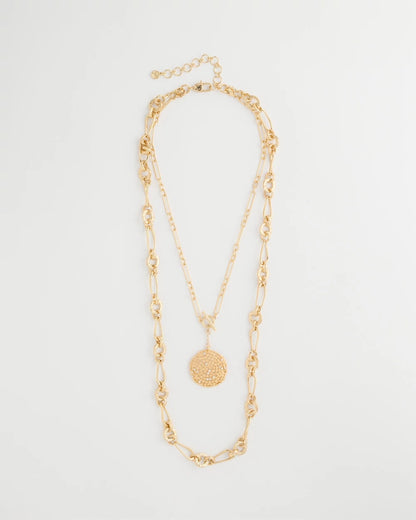 Chico's Sea Foam Medallion Double-Strand Pendant Necklace Gold