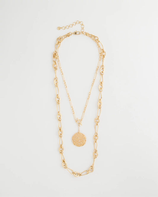 Chico's Sea Foam Medallion Double-Strand Pendant Necklace Gold