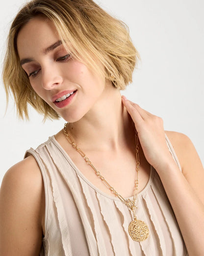 Chico's Sea Foam Medallion Double-Strand Pendant Necklace Gold