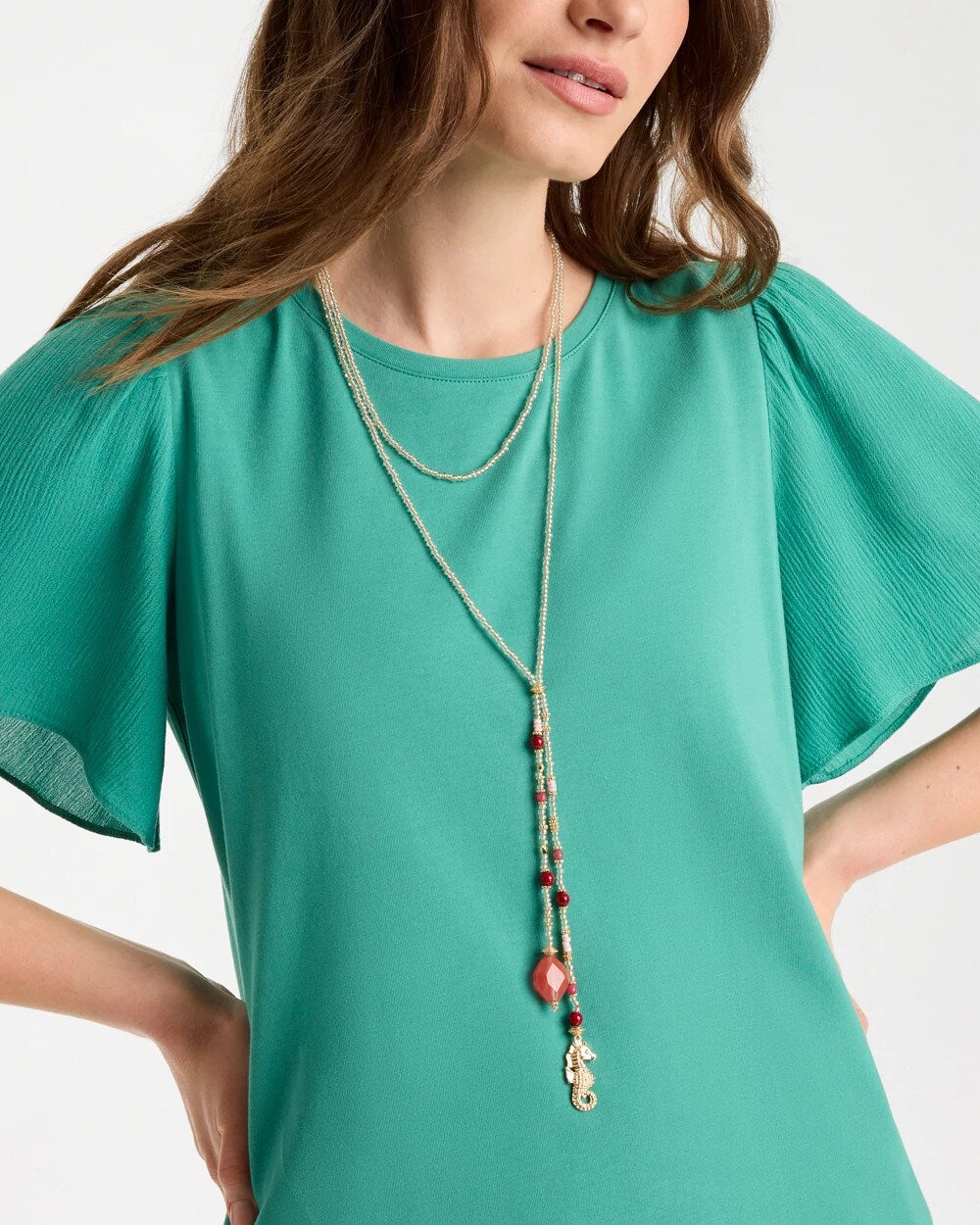 Chico's Coral Genuine Stone Y-Pendant Necklace Coral