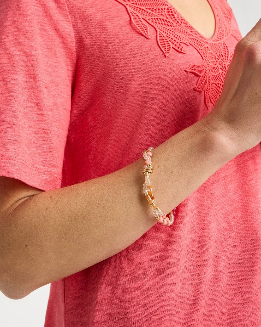 Chico's Aventurine Jade Stone Stretch Bracelet Coral