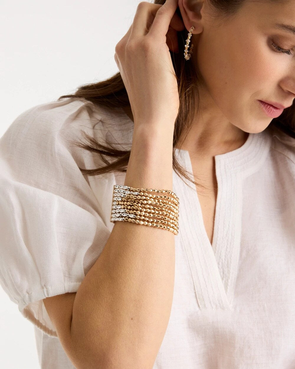 Chico's Multi-Strand Beaded Stretch Bracelet Mixed Metals