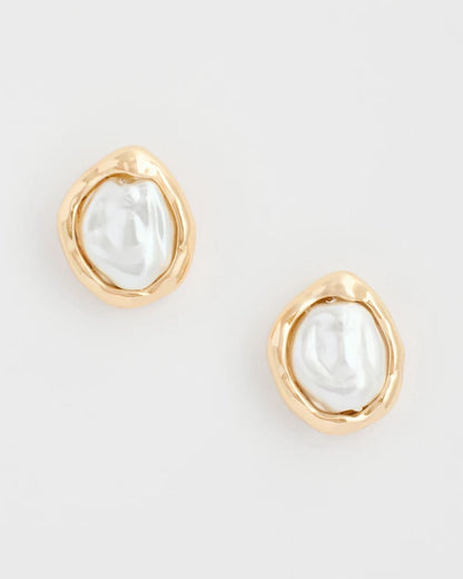 Chico's Pearlescent Golden Rimmed Stud Earrings Gold