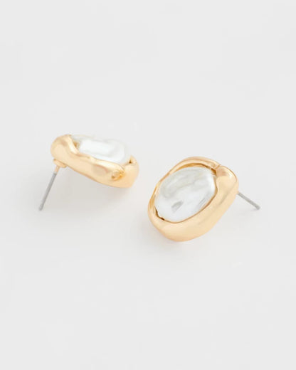 Chico's Pearlescent Golden Rimmed Stud Earrings Gold