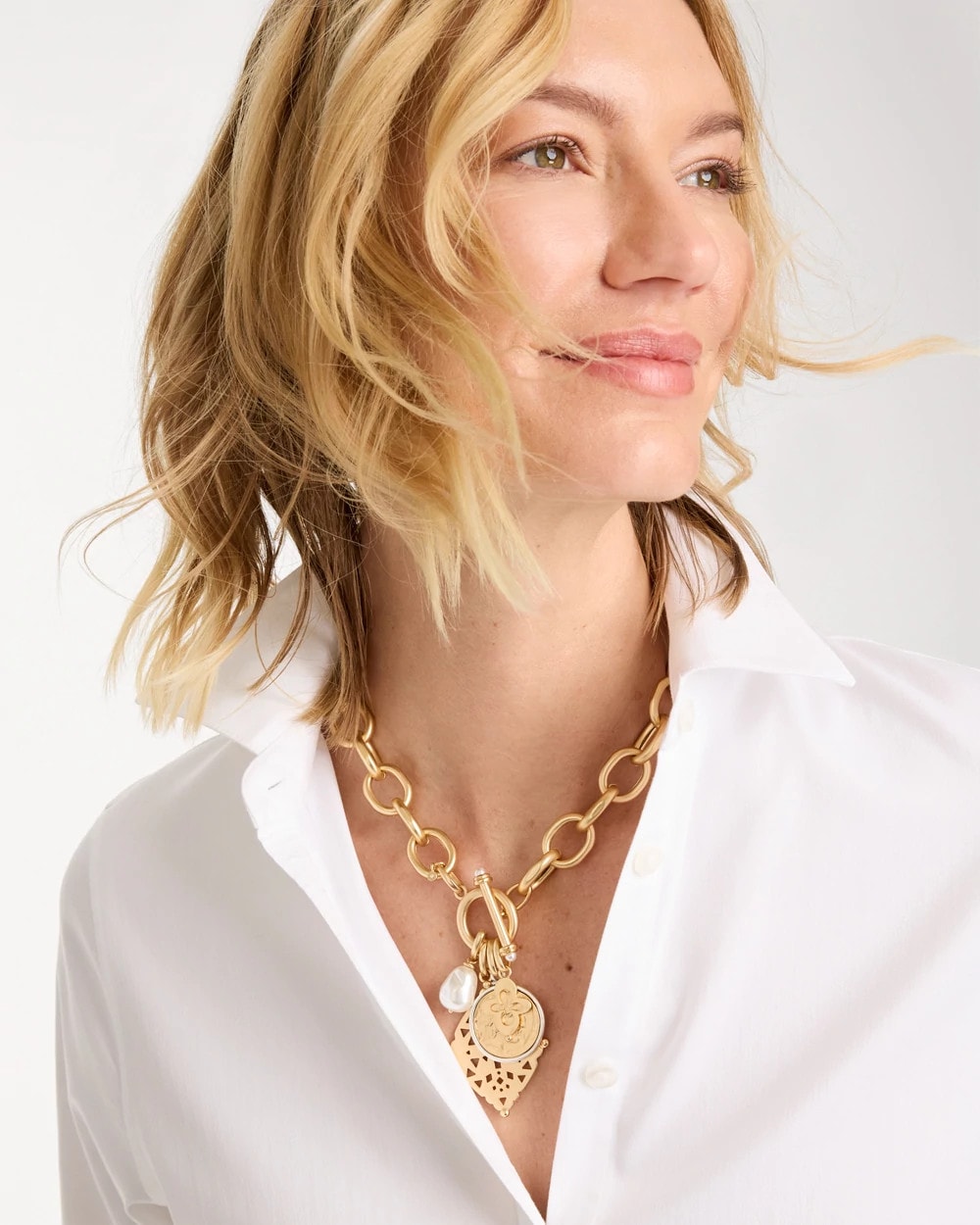 Chico's Toggle Cameo Charm Necklace Gold