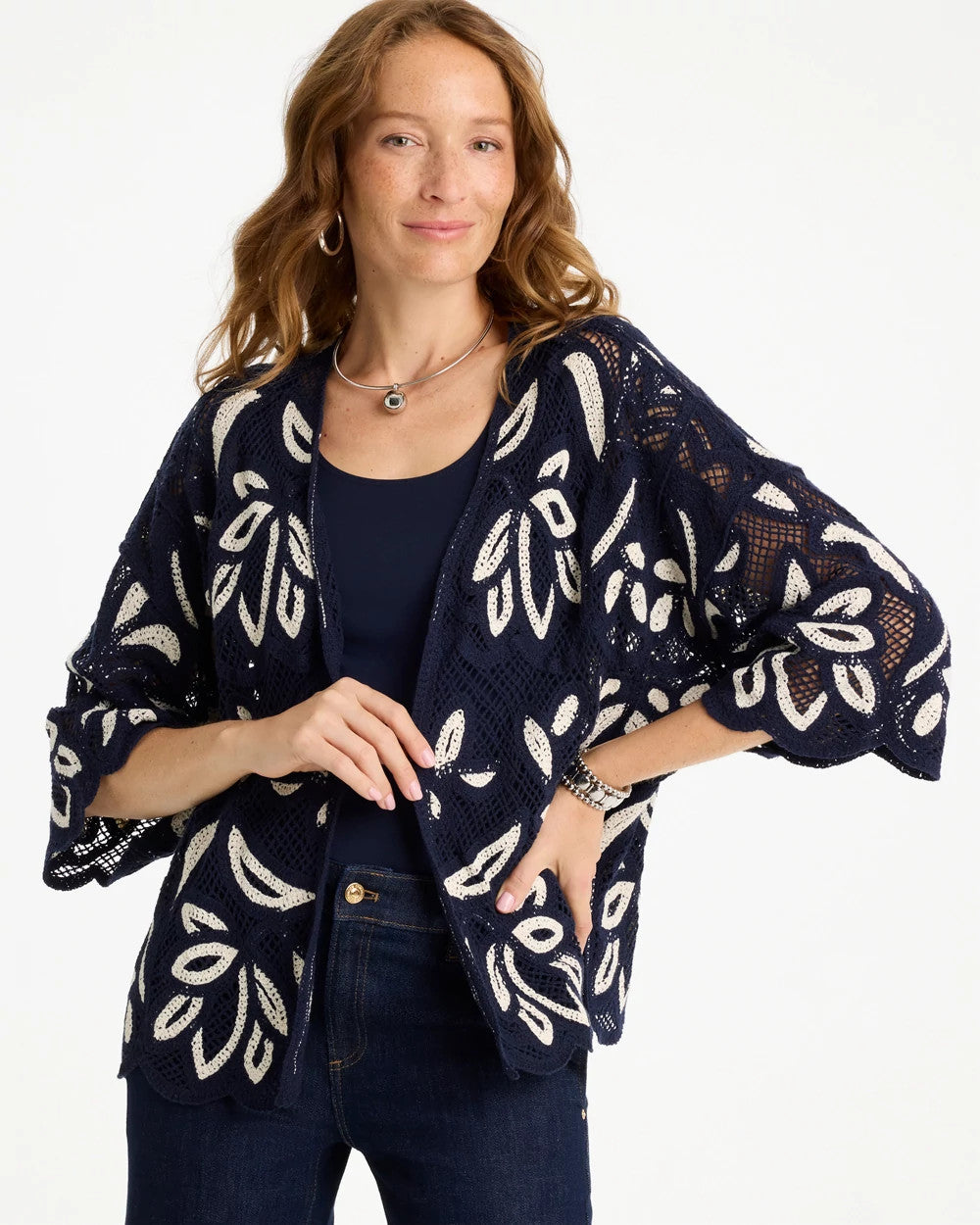 Chico's Woven Crochet Lace Contrast Kimono Passport Blue