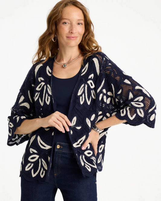 Chico's Woven Crochet Lace Contrast Kimono Passport Blue