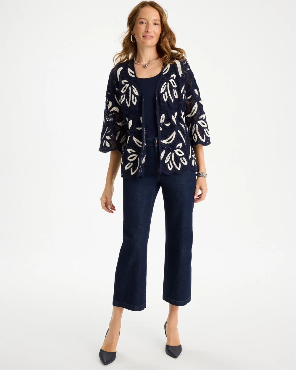 Chico's Woven Crochet Lace Contrast Kimono Passport Blue