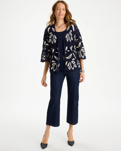 Chico's Woven Crochet Lace Contrast Kimono Passport Blue