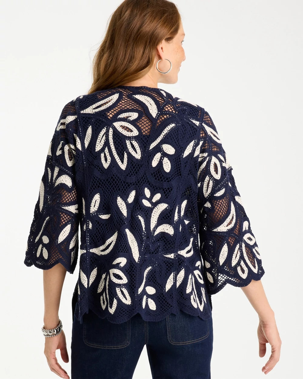 Chico's Woven Crochet Lace Contrast Kimono Passport Blue