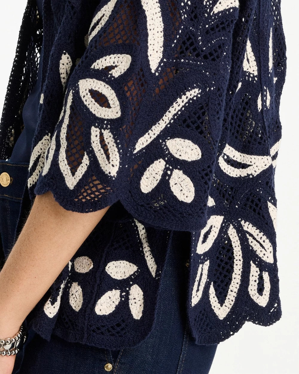 Chico's Woven Crochet Lace Contrast Kimono Passport Blue