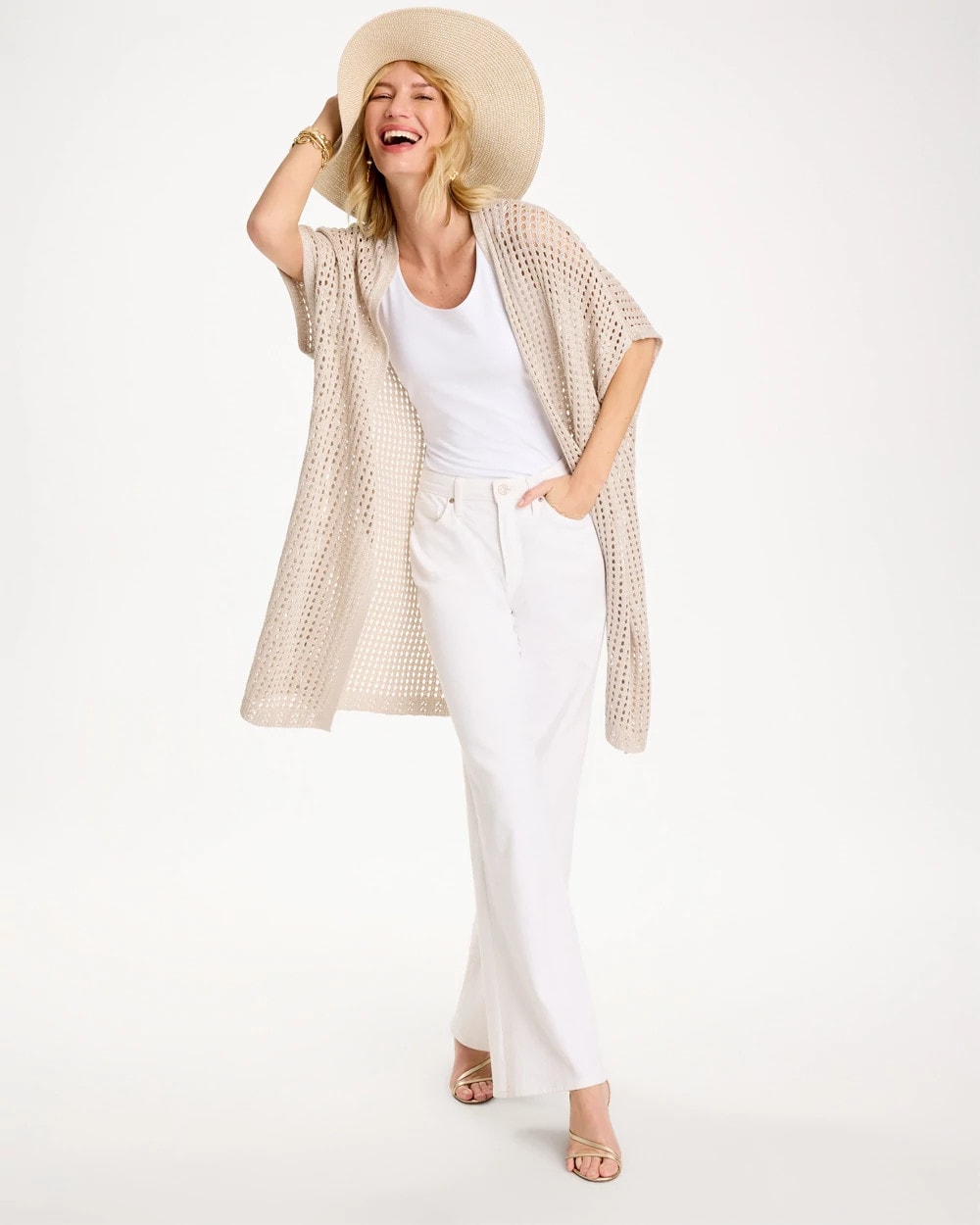 Chico's Crochet Knit Belted Ruana Neutral