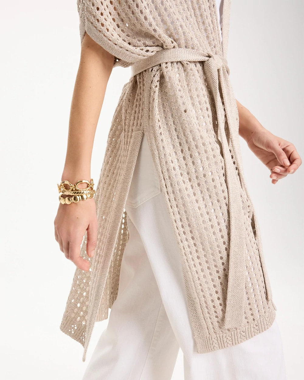 Chico's Crochet Knit Belted Ruana Neutral