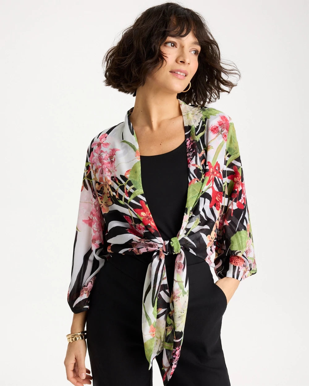 Chico's Georgette Tie-Front Kimono Black