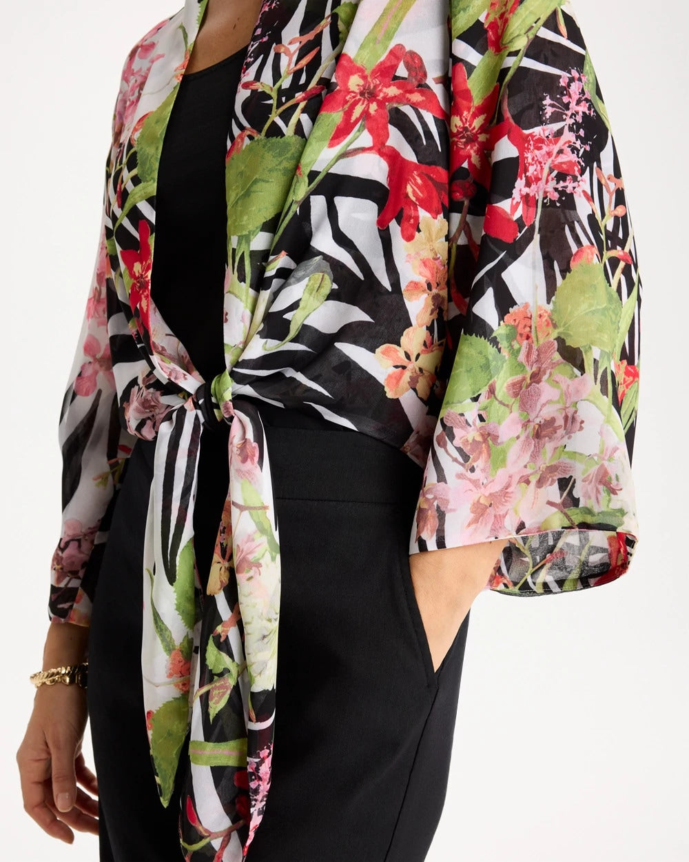 Chico's Georgette Tie-Front Kimono Black