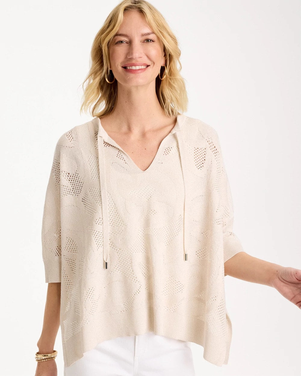 Chico's Crochet Lace Notch Neck Poncho Ecru