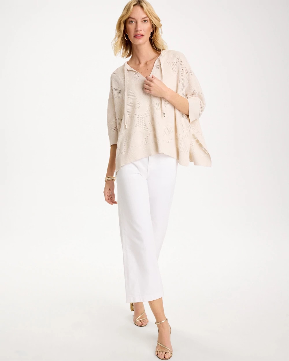 Chico's Crochet Lace Notch Neck Poncho Ecru