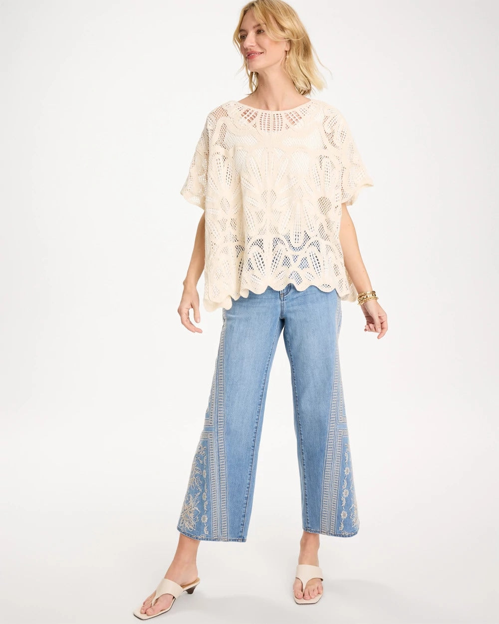 Chico's Woven Cotton-Blend Crochet Lace Poncho Ecru