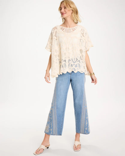 Chico's Woven Cotton-Blend Crochet Lace Poncho Ecru