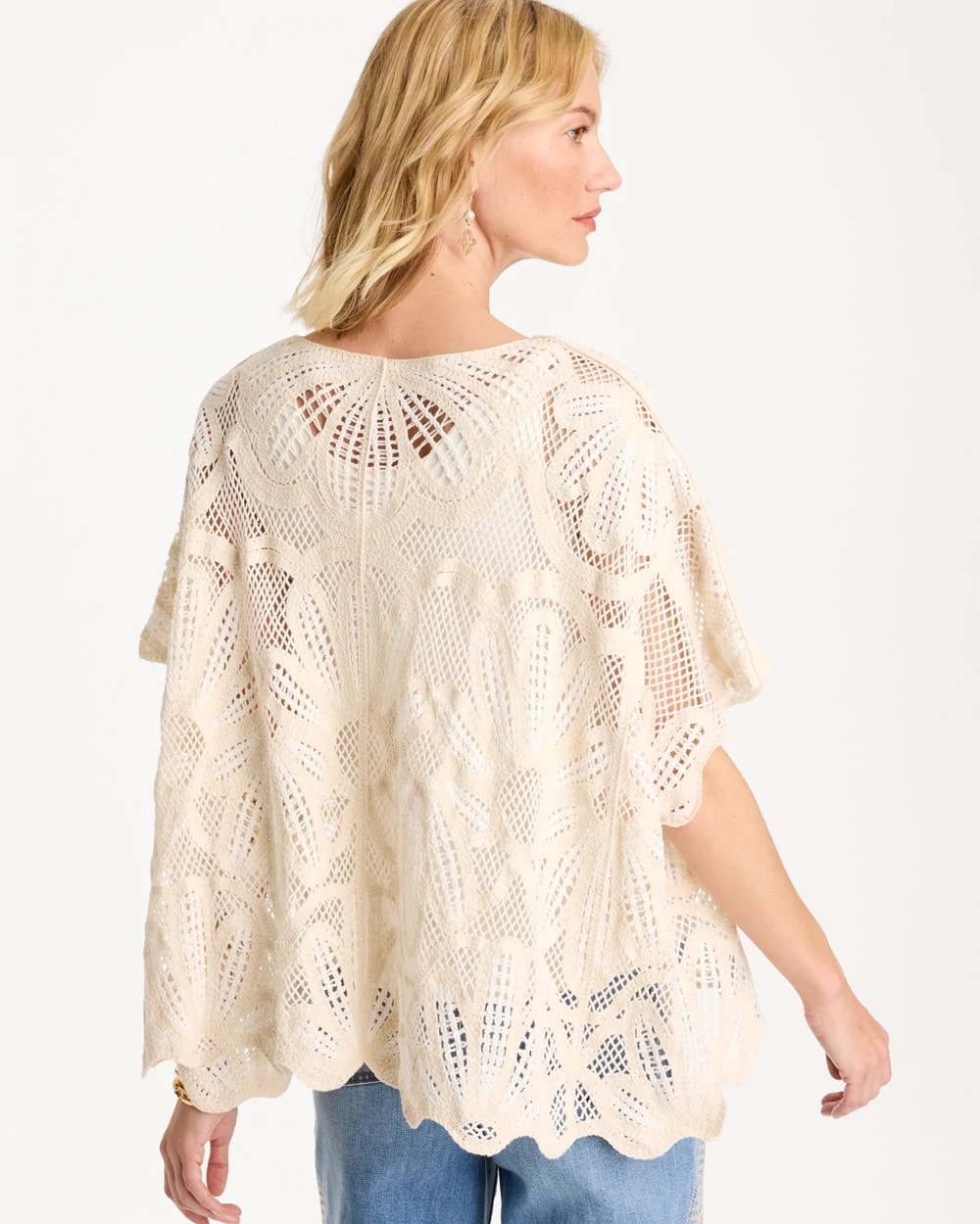Chico's Woven Cotton-Blend Crochet Lace Poncho Ecru