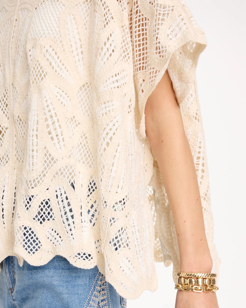 Chico's Woven Cotton-Blend Crochet Lace Poncho Ecru