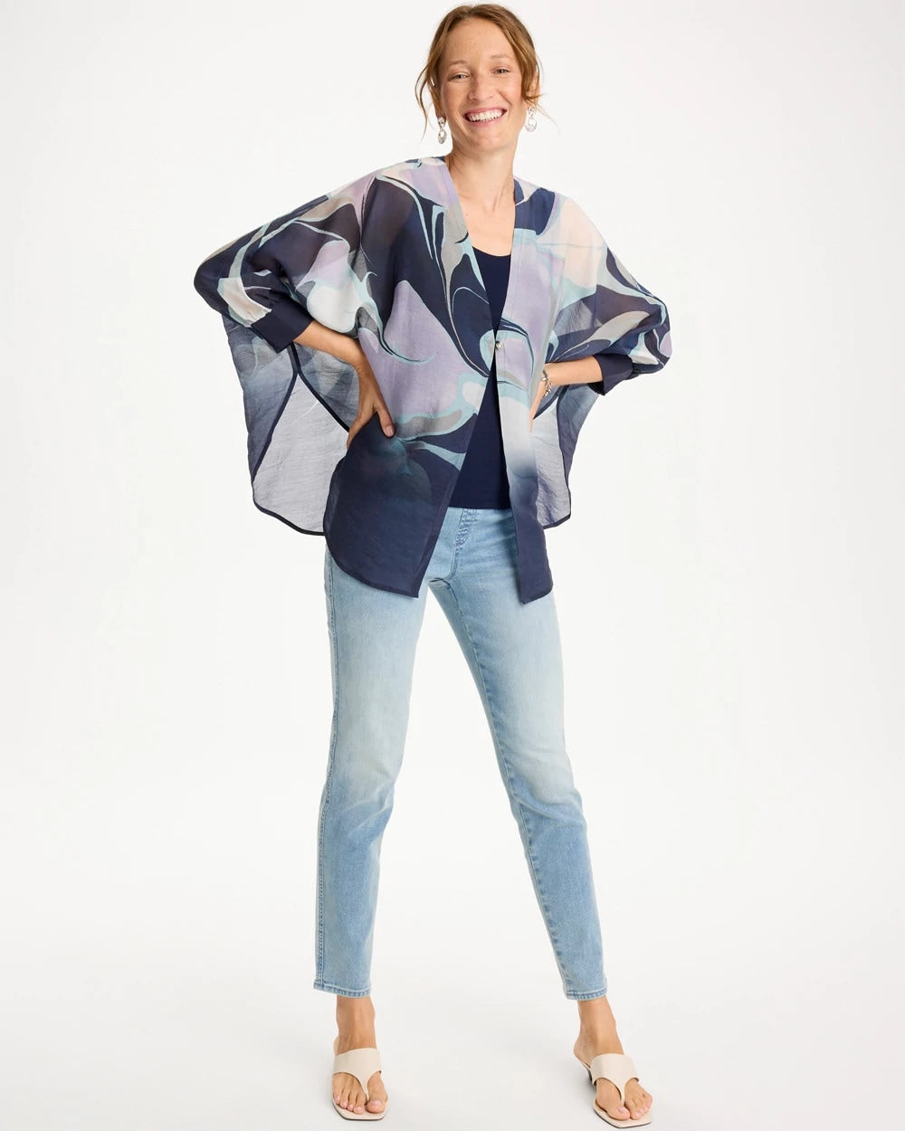 Chico's Woven Printed Cocoon Ruana Passport Blue