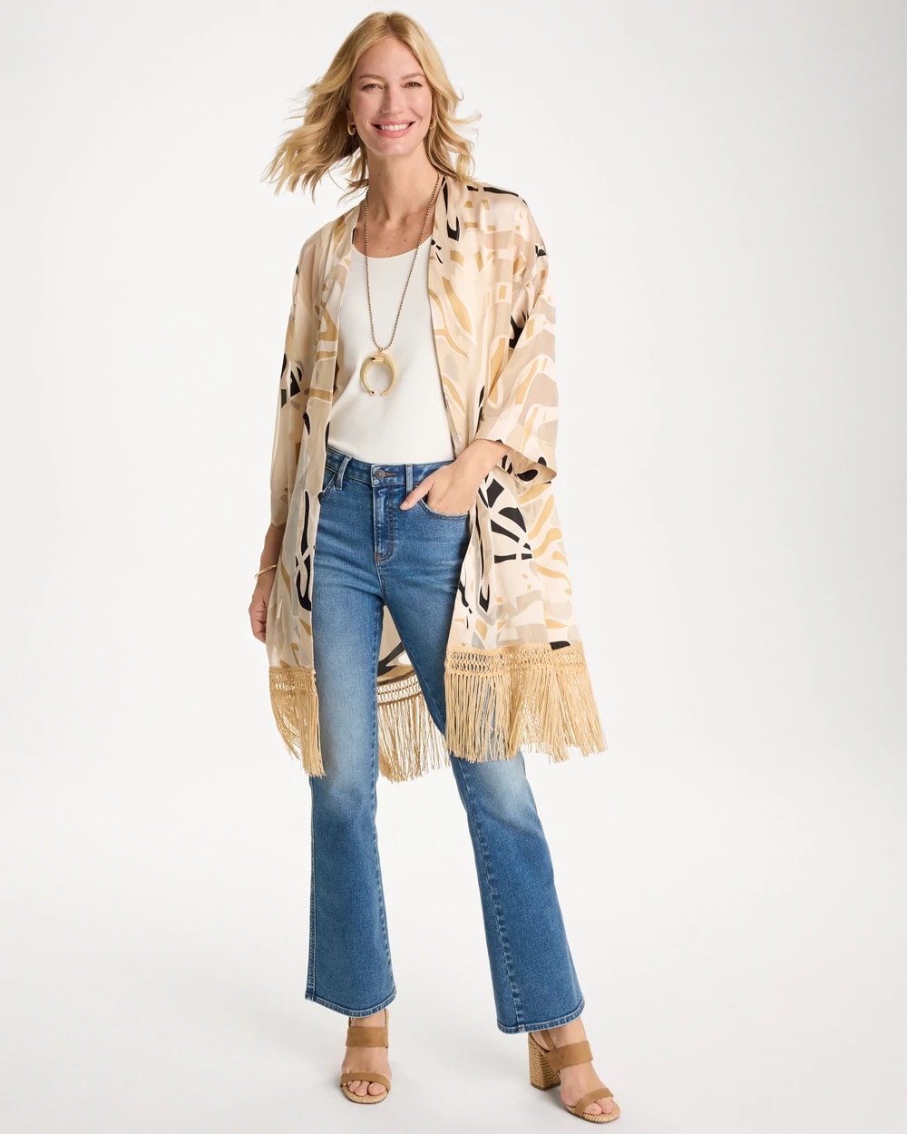 Chico's Woven Long Fringed Kimono Neutral