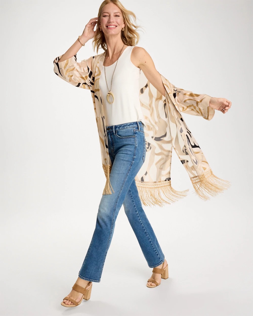 Chico's Woven Long Fringed Kimono Neutral
